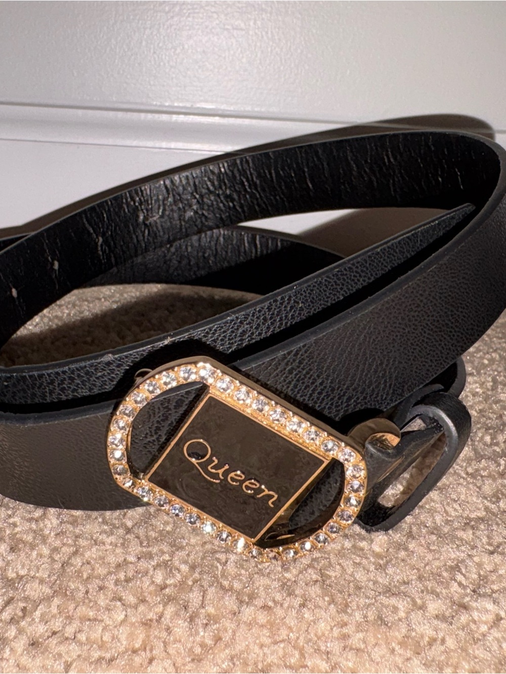 Queen Black Leather Belt Gold Crystal-Trim Buckle